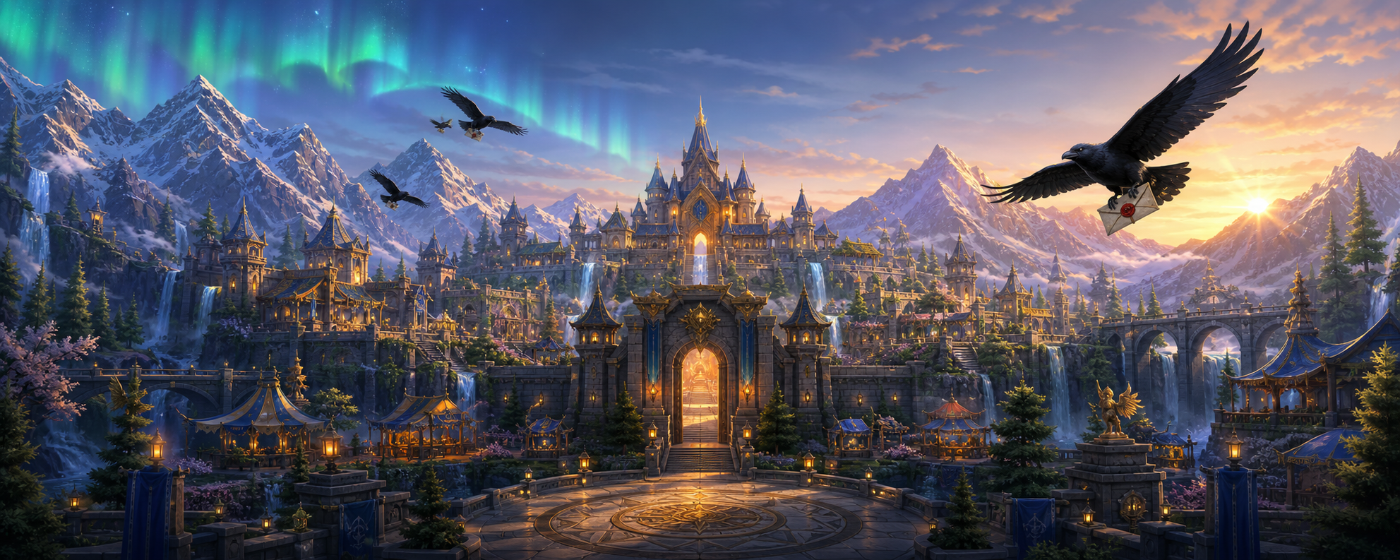 An illuminated mountain kingdom beneath the aurora